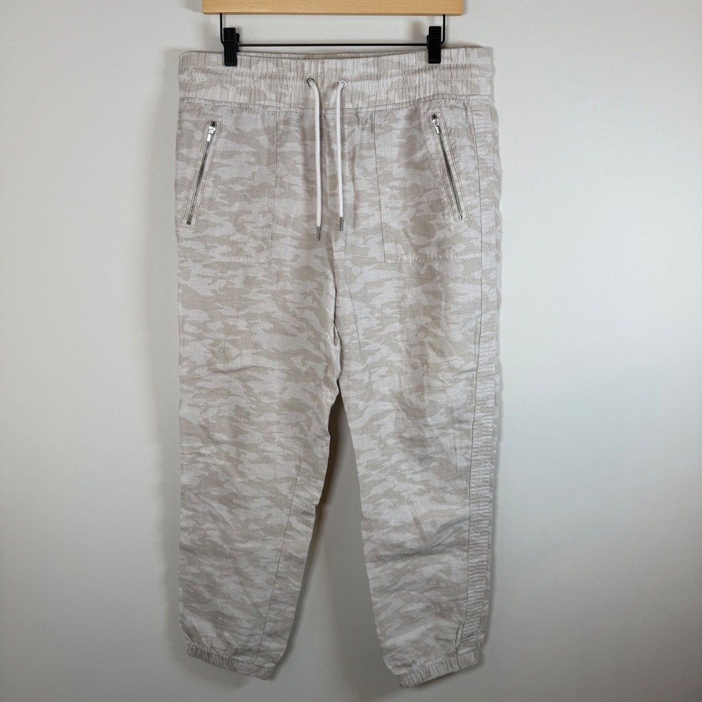 Athleta Cabo Tide Linen Jogger Pants Women's 12 Camo Zipper Pockets Drawstring - Picture 1 of 6